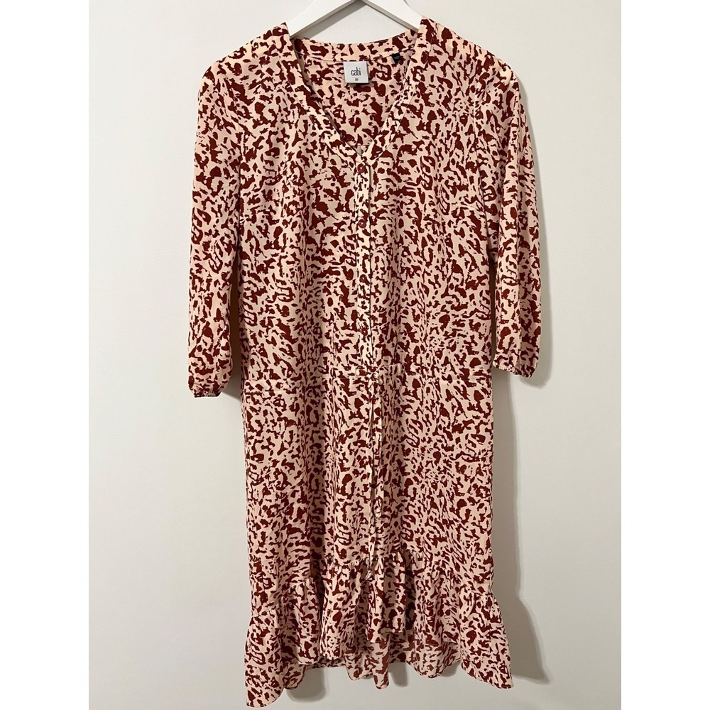 Cabi Sienna Dress Women XS Red Leopard Print Drawstring Waist Ruffle Hem 5406 - Picture 3 of 11
